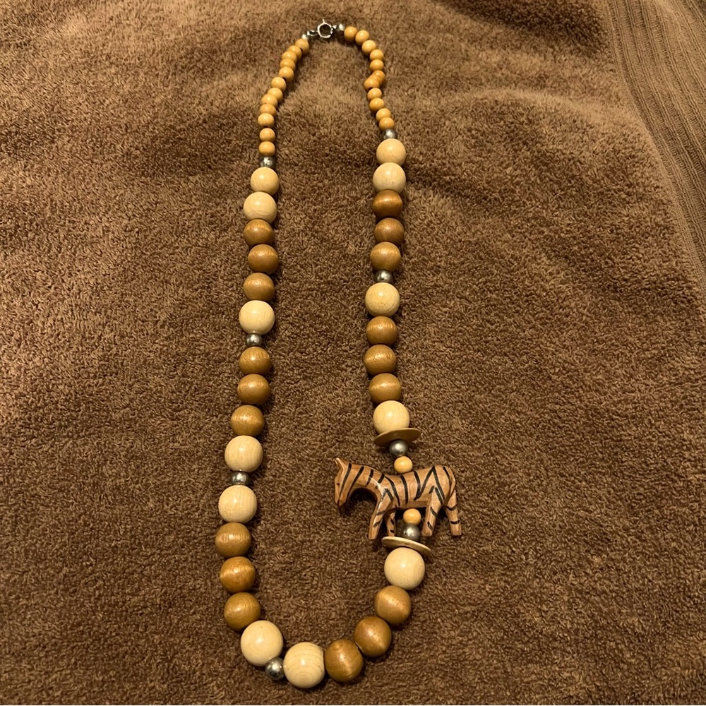Beautiful Vintage Wooden Zebra Beaded Necklace